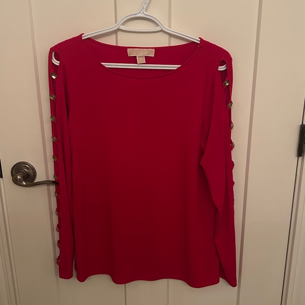 Sexy NWOT Michael Kors Peek-A-Boo Jeweled Arm Vibrant Red Top, size M